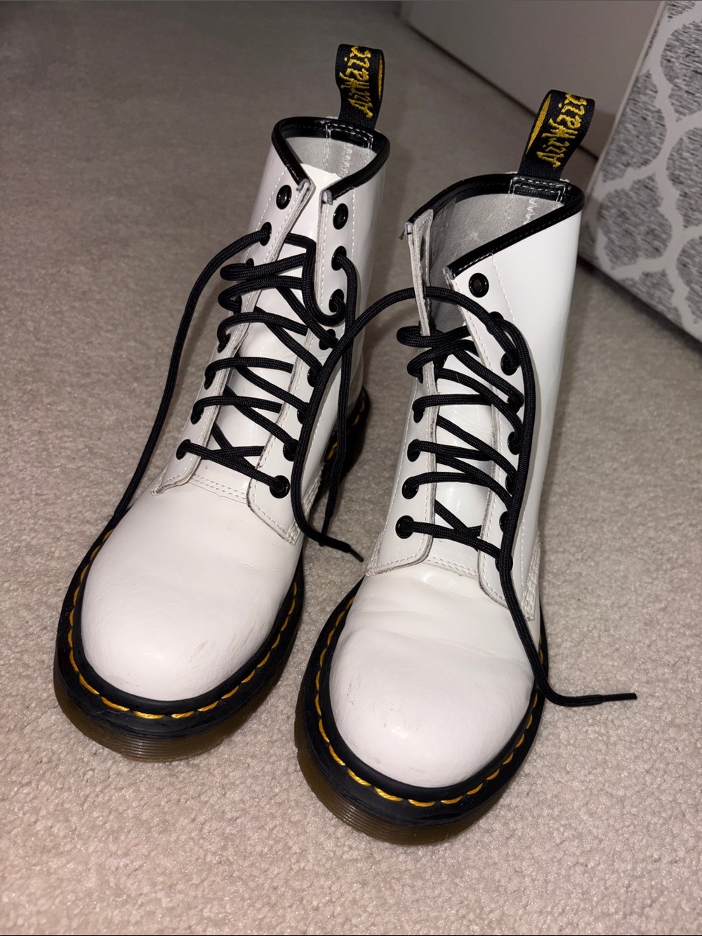 Dr. Martens White Leather Lace-Up Combat Boots with Black Trim